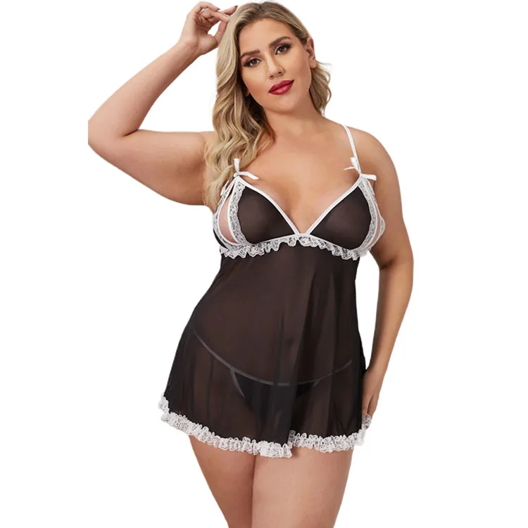 

Plus Size Lace Sheer See Through Patch Cut Out Babydoll Women Sexy Lingerie Set