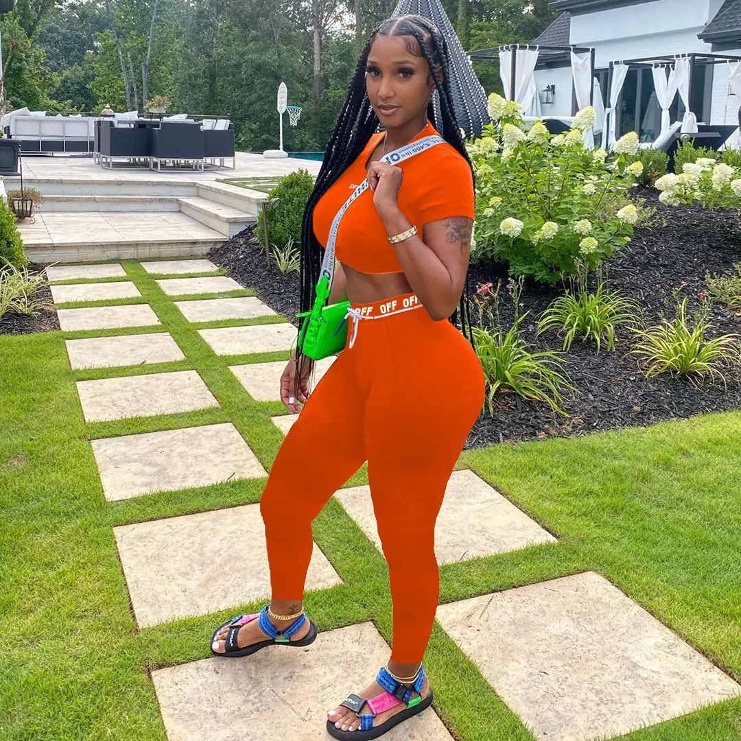 

XS Two Piece Summer Set Women Clothing Casual Letter Print Sport Legging Short Sleeve Crop Top And Pant Sets, Multi colors