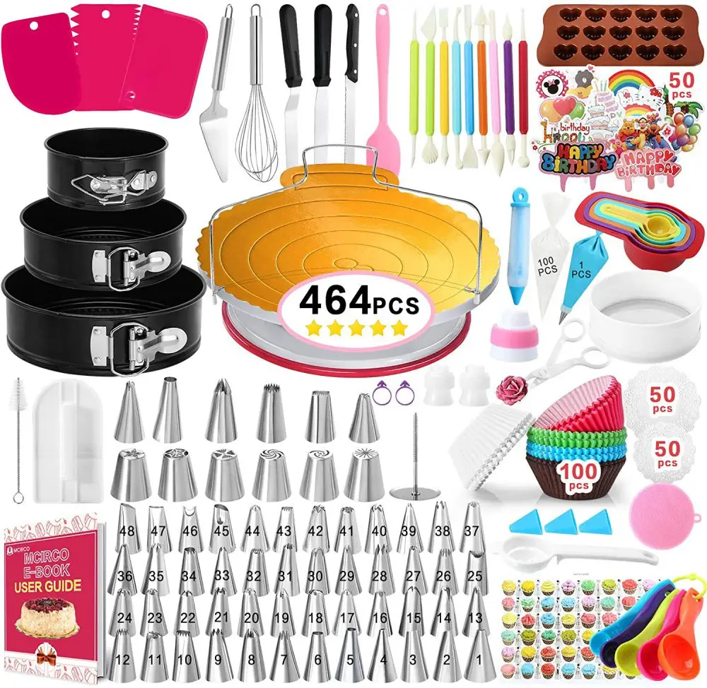 

464 PCS Cake Decorating Supplies Kit with Baking Supplies, Springform Cake Pans Set, Cake Turntable stand, Blue/orange/white