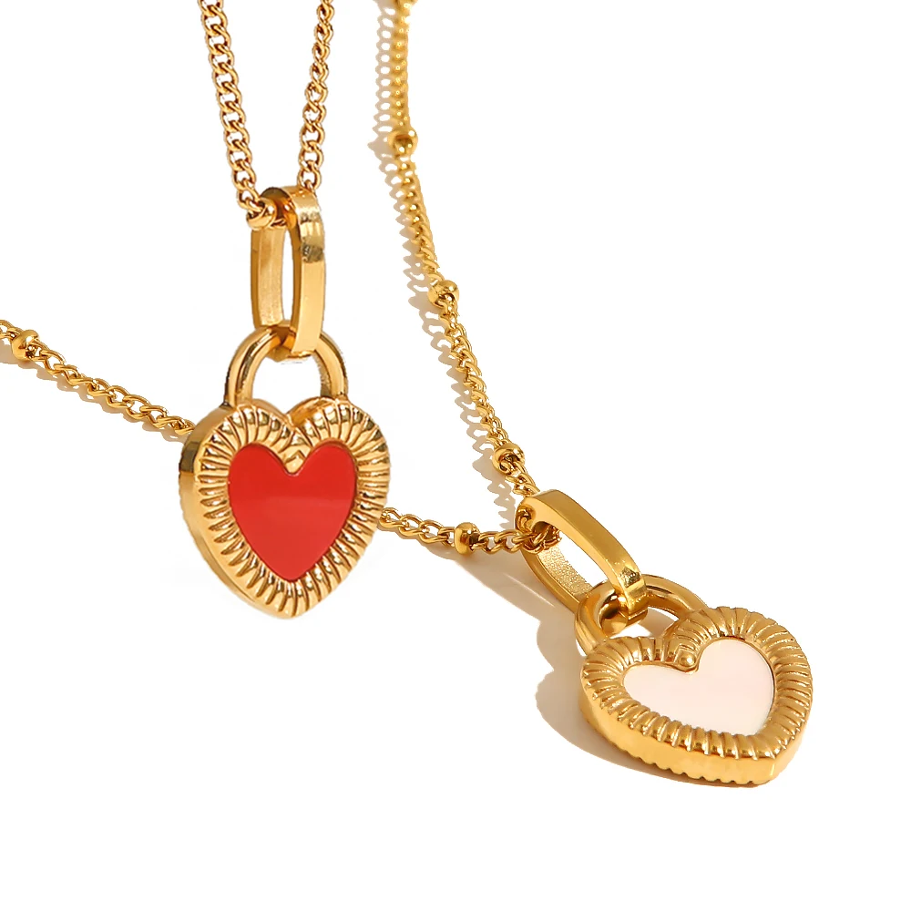 

Vintage 18K Gold Plated Double-Sided Stainless Steel Red Enamel White Lock Heart Signet Necklace