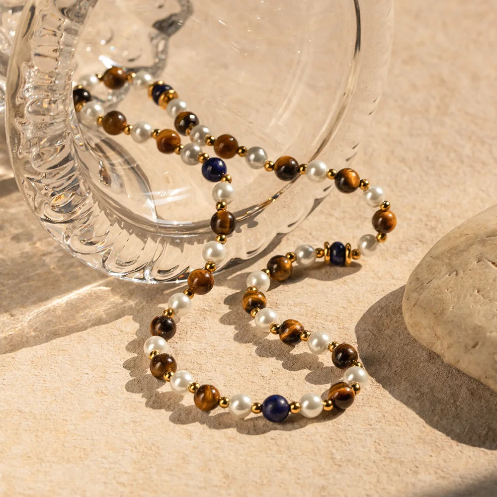 

Simple Everyday Jewelry 18K Gold Stainless Steel Inlaid Lapis Lazuli Tiger Eye Bead String Pearl Necklace