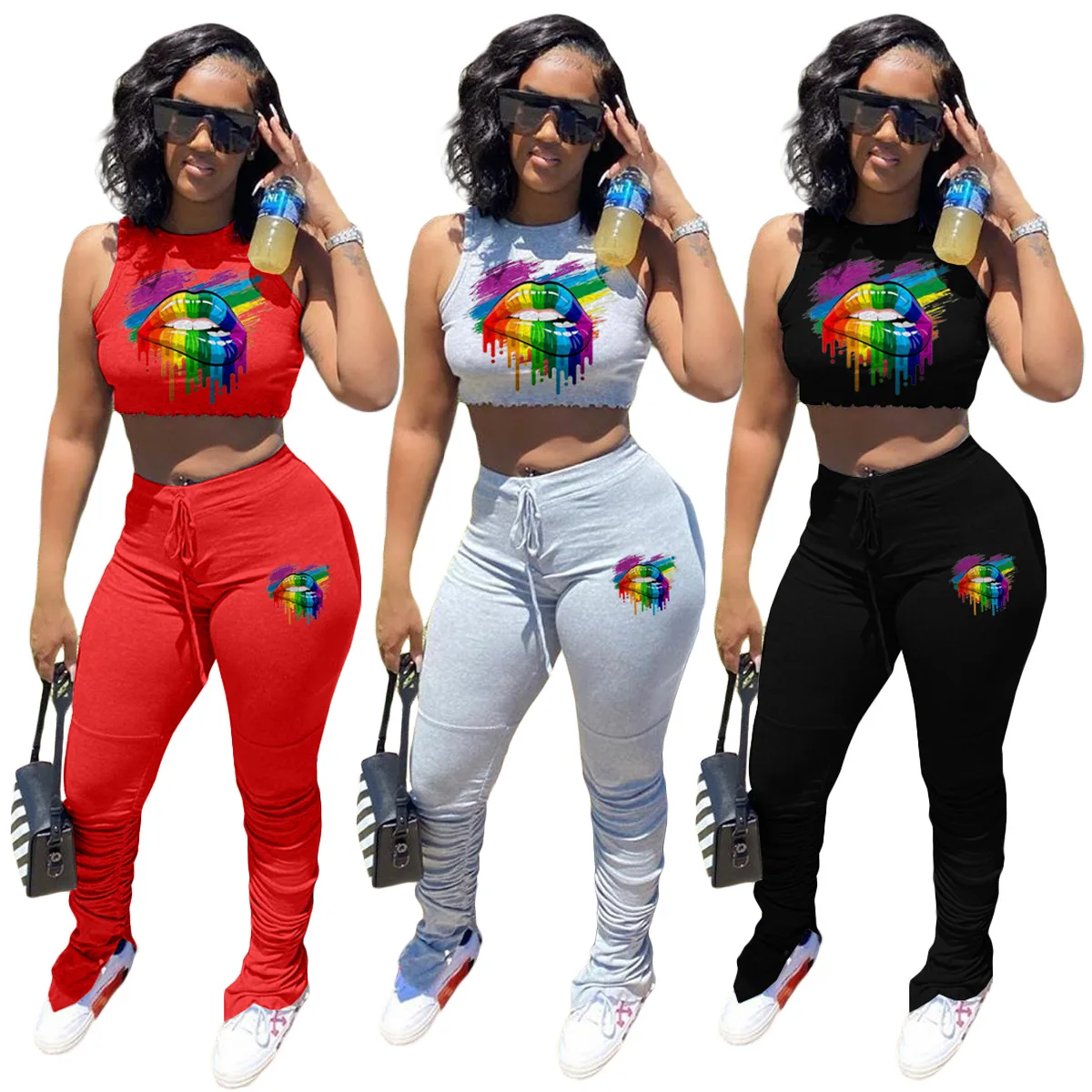 

Popular style hot sale European and American fashion women's wear pleated split micro horn two piece set printed lips