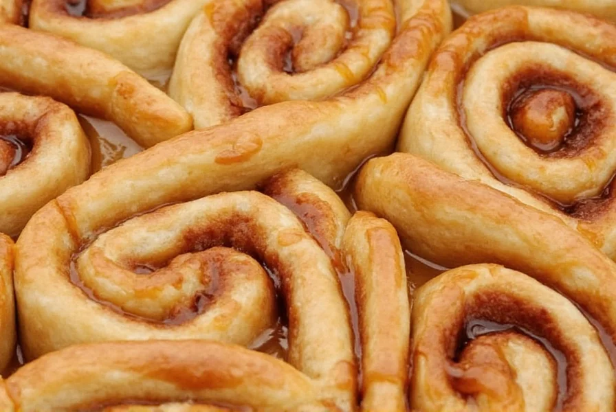 Close-up of Cracker Barrel cinnamon roll pie showing multiple cinnamon roll spirals baked together with caramel topping