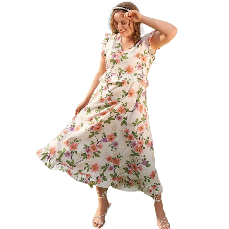 

2022 women's summer floral dress high waist slim skirt V-neck short-sleeved dress