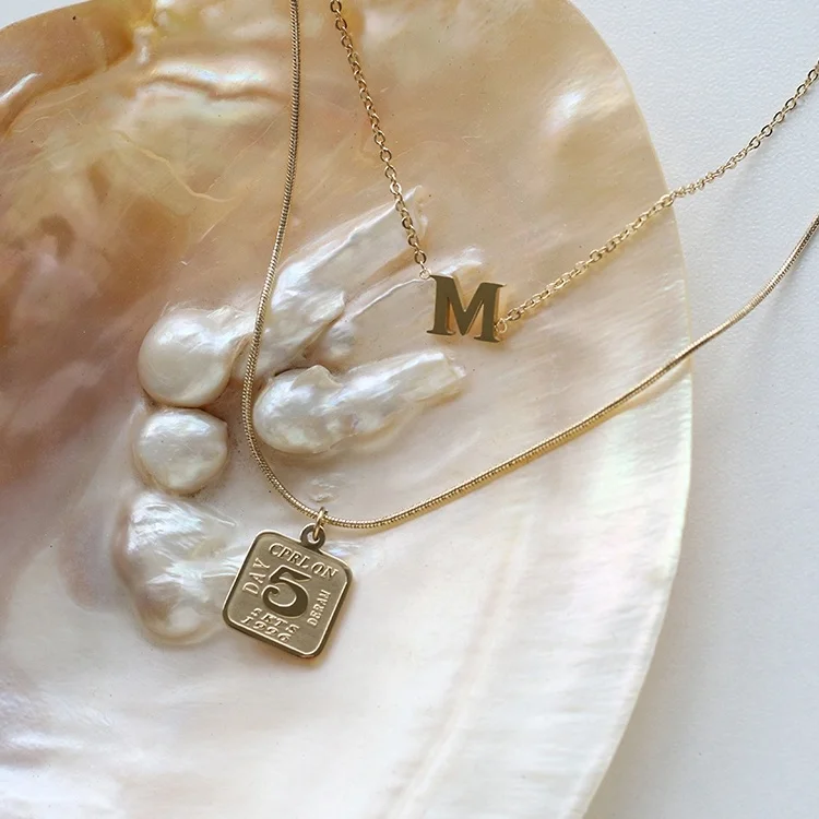

Square Digital English Commemorate Jewelry Personalized Initial Letter Number Pendant 18K Gold Plated Double Thin Chain Necklace, Gold/silver/rose gold