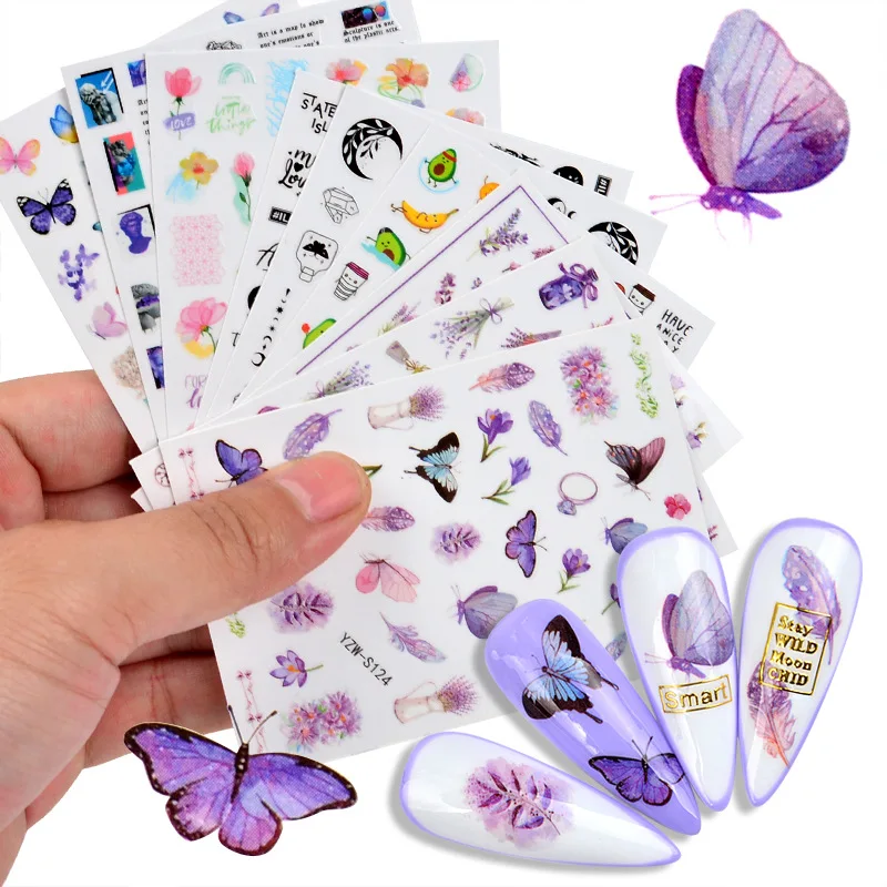 

ready to ship 2021 self-adhesive mixed butterfly abstract visage flores 3d nail decoration sticker & decals, Colorful