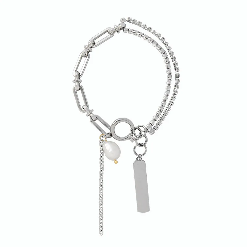 

Minimalist Style Cross Chain Flower Pearl Silver Design Full Diamond Bracelet Necklace Set Titanium Steel Accessories