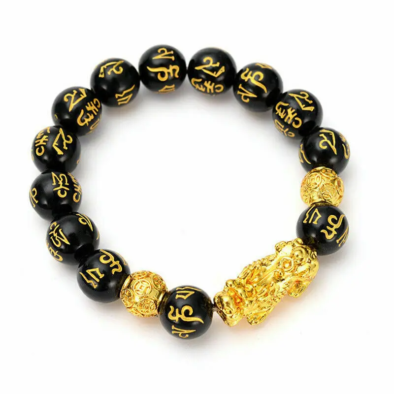 

Gold Jewelry Feng Shui Hand Carved Mantra Beads Pixiu Pi Yao Golden Lucky Wealthy Amulet Bracelet