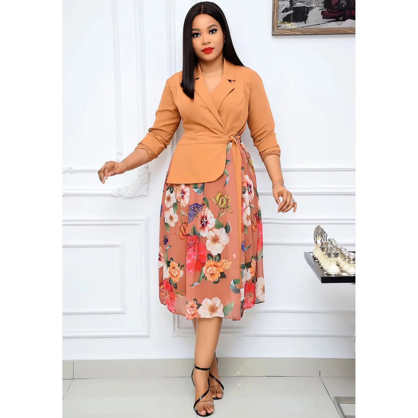 

WW-0629 Printing Joining Together In A Long Holiday Two Dresses Two Piece Set Women Clothing Printed Ong Sleeve Dress, As your request