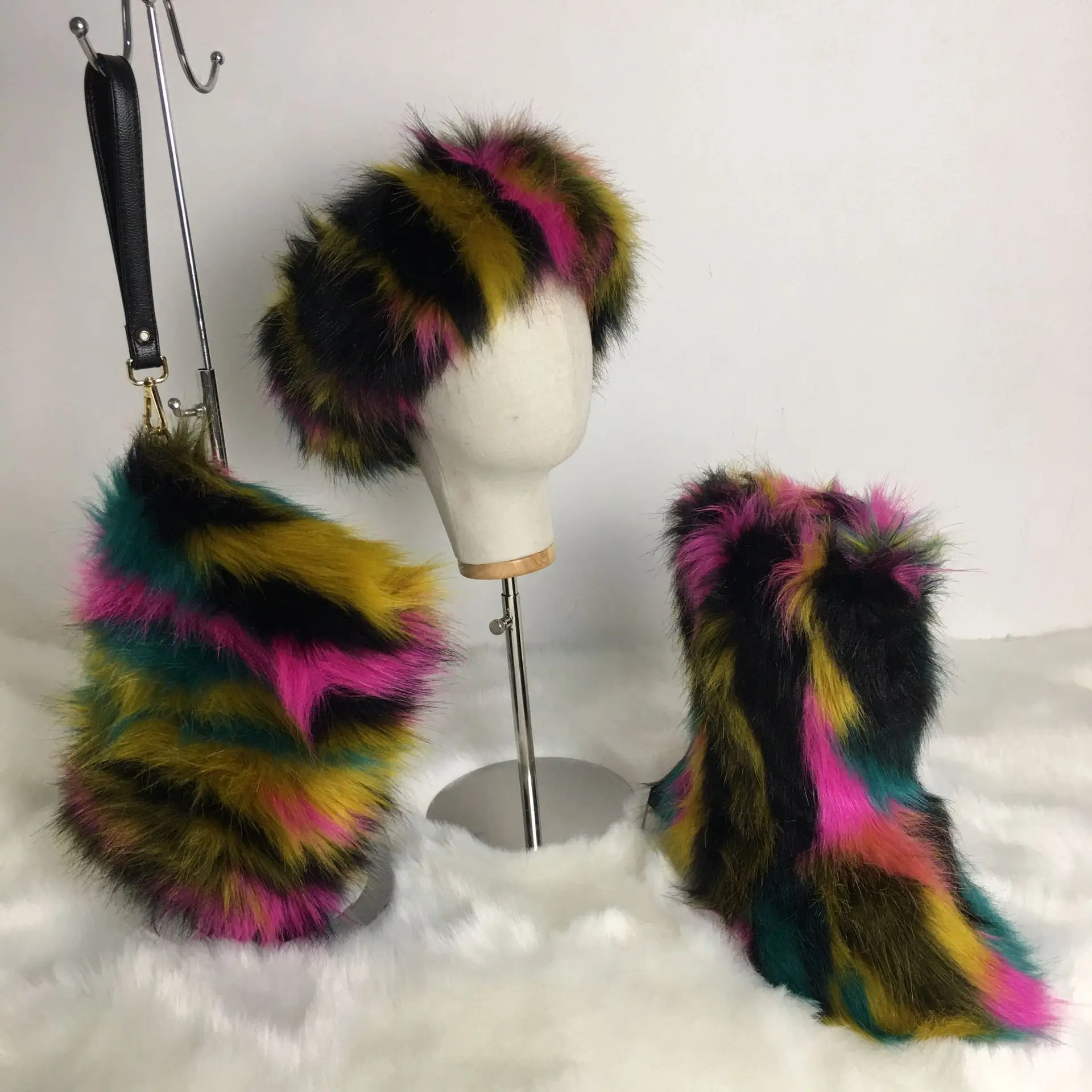 2020 Ladies Colorful Faux Fox Fur Headband Sets Winter Furry Fur ...