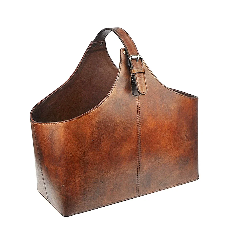 

Wholesale Antique Home Decoration Piece Leather Basket Organizer Storage Bag With Handles, Brown
