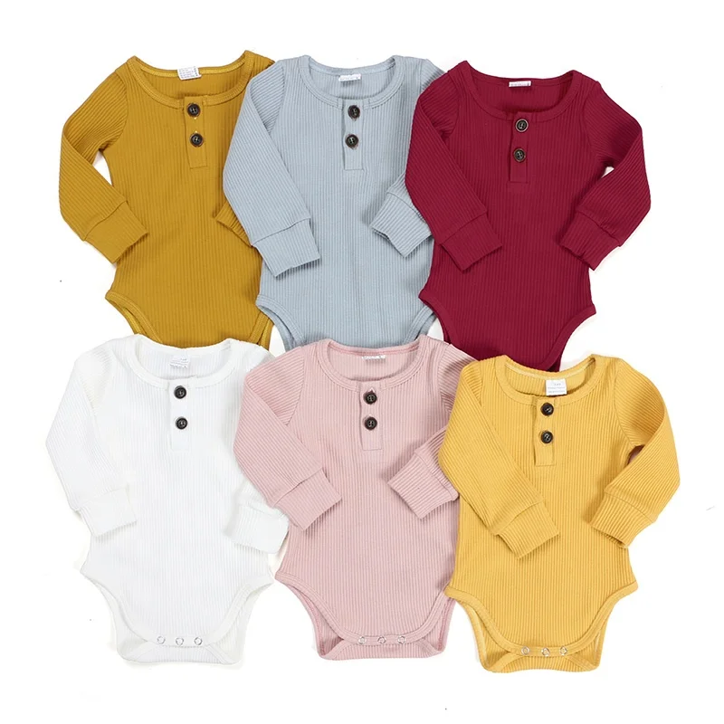 

Newborn baby clothes fall spring long sleeves solid snap bottom button fly ribbed cotton baby onesie baby romper