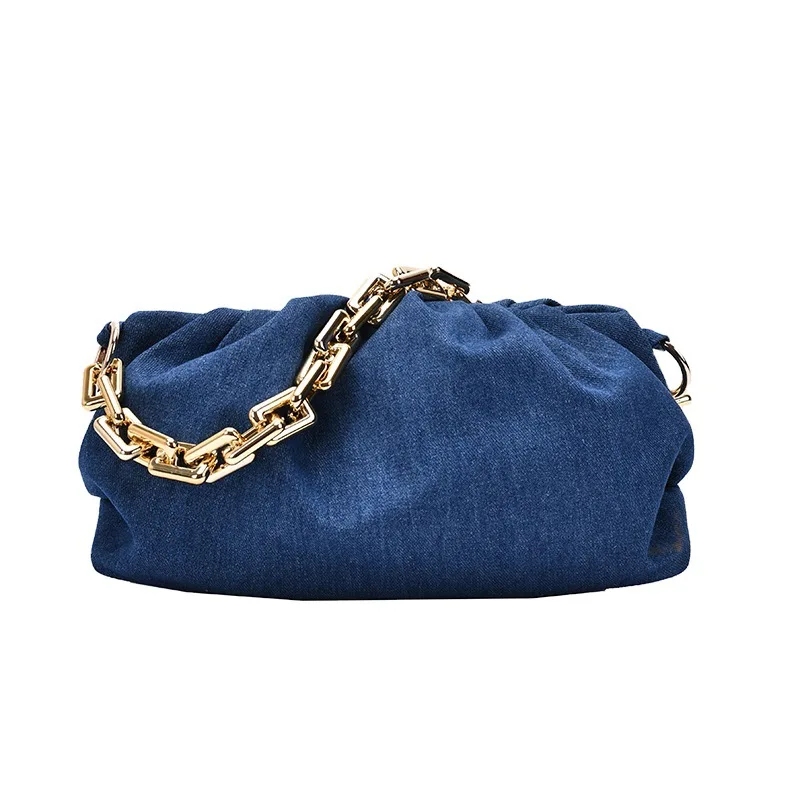 

2021 Wholesale Denim Jean Cloud Bag Gold Chain Shoulder Dumpling Handbags Blue Handbag Women