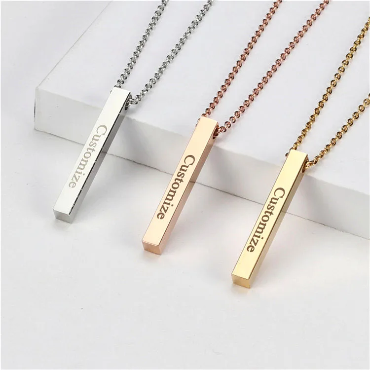 

Custom Four Sides Engraving Personalized Square Bar Name Necklace Stainless Steel Pendant Gift