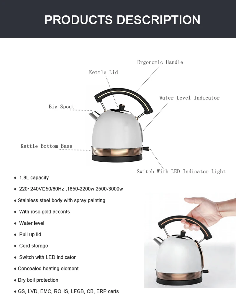 Factory Price 1.7L elegance electric kettle Family use Big capacity kitchen appliances stainless steel with golden accents