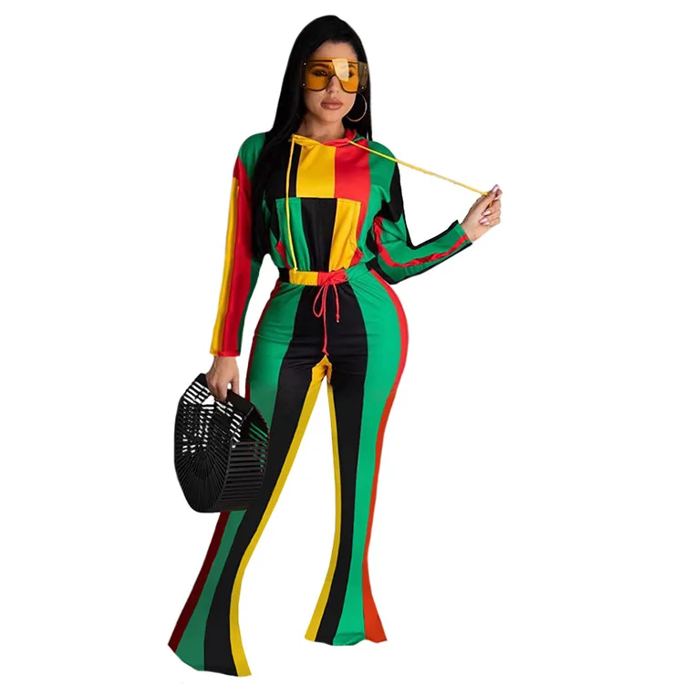 

2021 New Sexy Colorful Stripe Print Long Sleeve Slim Fit Hoodies Pants Sports Two Piece Set Streatwear Tracksuits Women