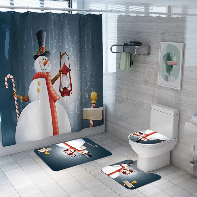 Christmas Santa Claus printed Toilet Pad Cover Bath Mat Shower Curtain Set for Bathroom Decoration