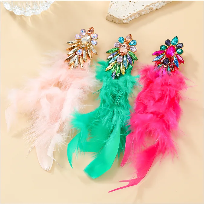 

Bohemian Multicolor Long Feather Dangle Earrings For Women Shiny Colorful Crystal Glass Fashion Pendant Wedding Jewelry