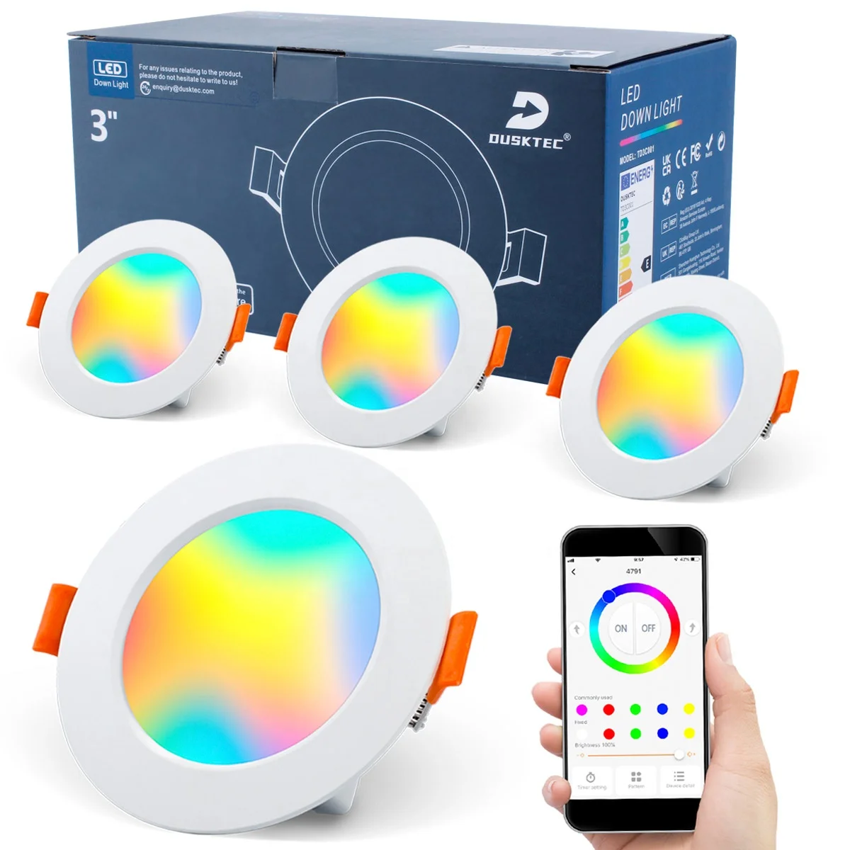 

4 PCS DUSKTEC Ultra Slim LED Ceiling Lights 3 inch 6W 600LM APP Control RGB Multi Colour and Warm White Smart Recessed Downright