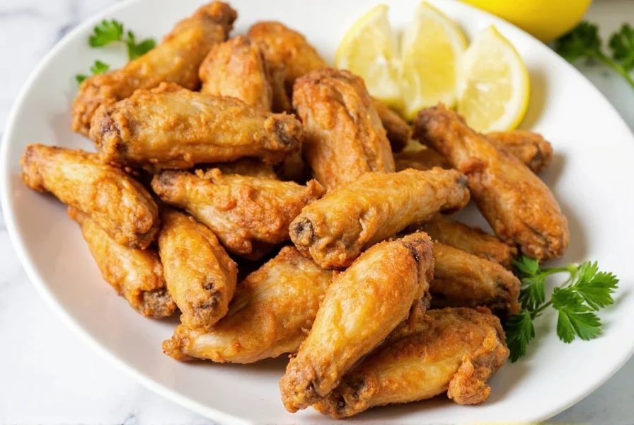 Crispy golden lemon pepper wings on white plate with lemon wedges and fresh parsley garnish