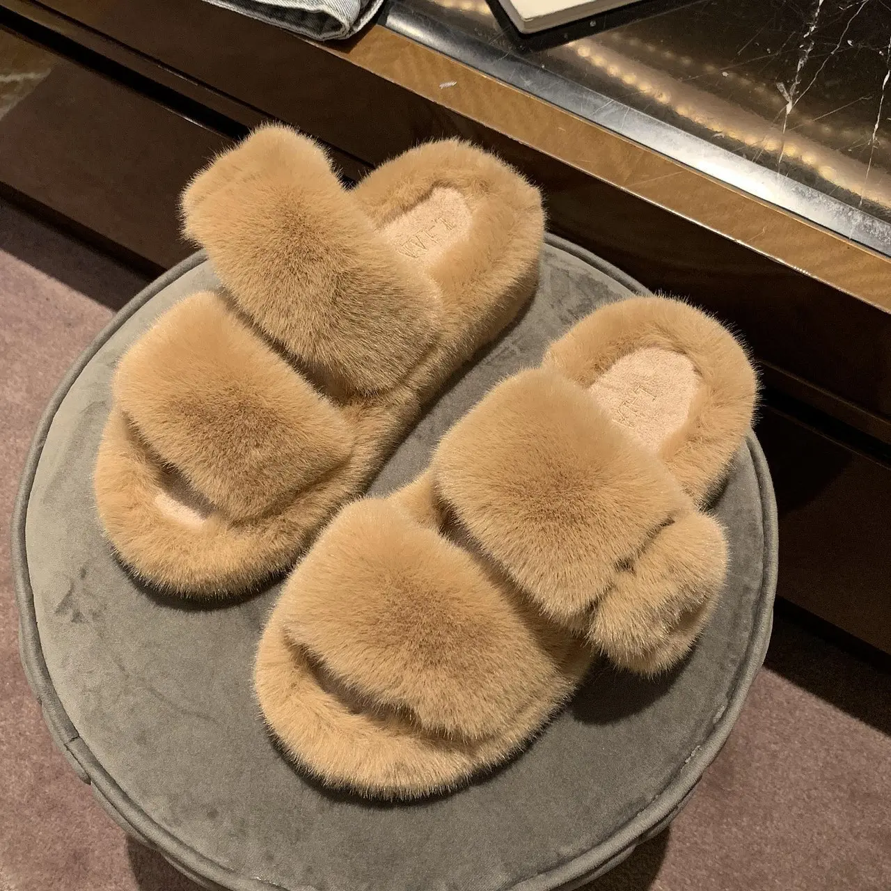 

Women's Fashion Soft Indoor Home Fluffy Fuzzy Sheep Skin Slippers Real Wool Fur Sheepskin Open Toe Fur Slides Slippers, As picture shown