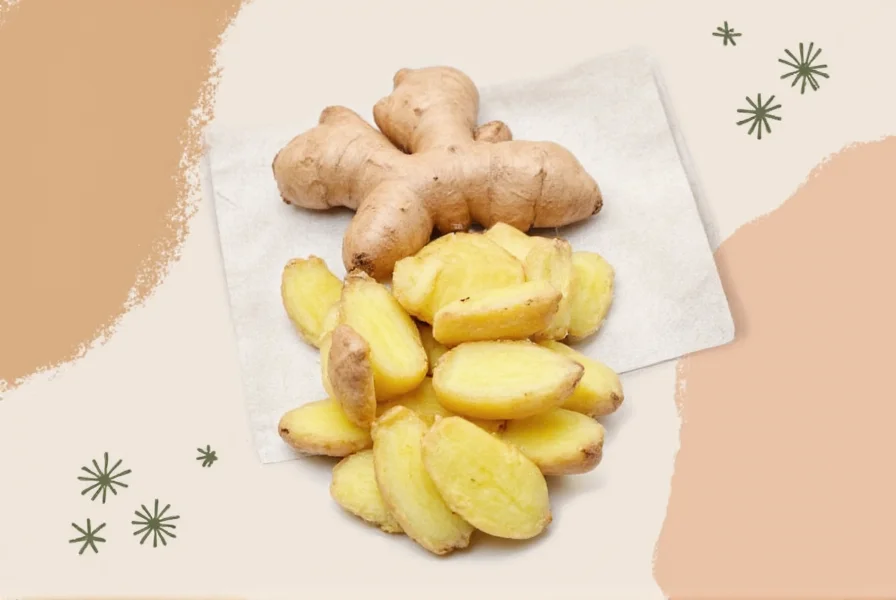 Pregnant woman drinking ginger tea while looking at various ginger products for nausea relief