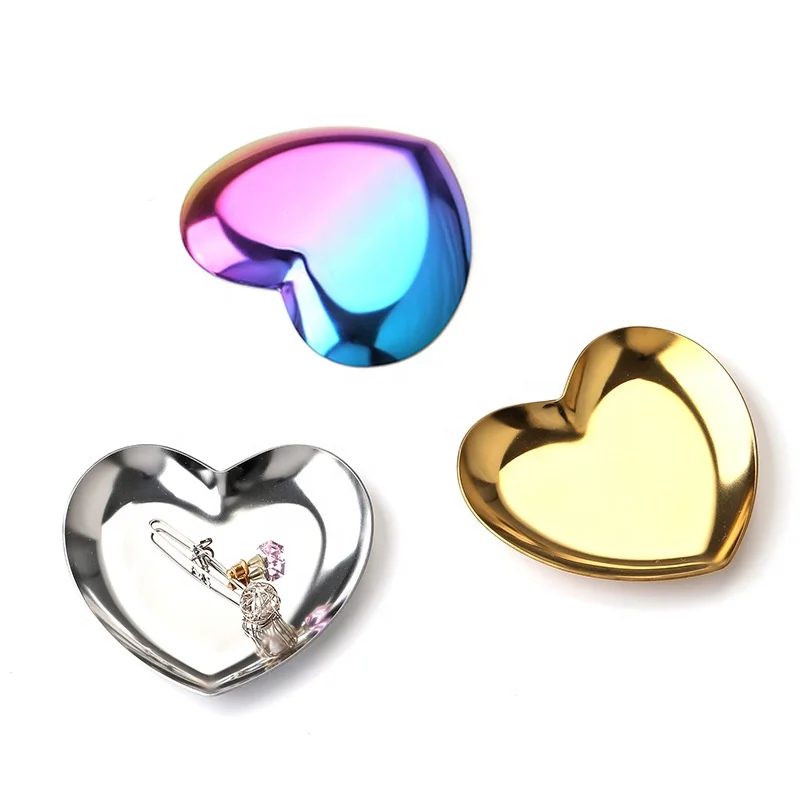 

Wholesale Gold Stainless Steel Jewelry Display Tray Heart Shape Metal Storage Mirror Tray Dessert Dish, Gold & sliver