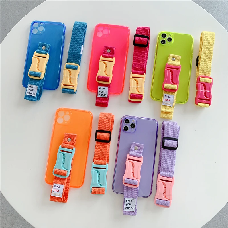 

Shockproof Neon TPU Wristband Phone Case Crossbody Bag For iPhone 7 8 11 12,For iPhone Case with Strap Holder, Various