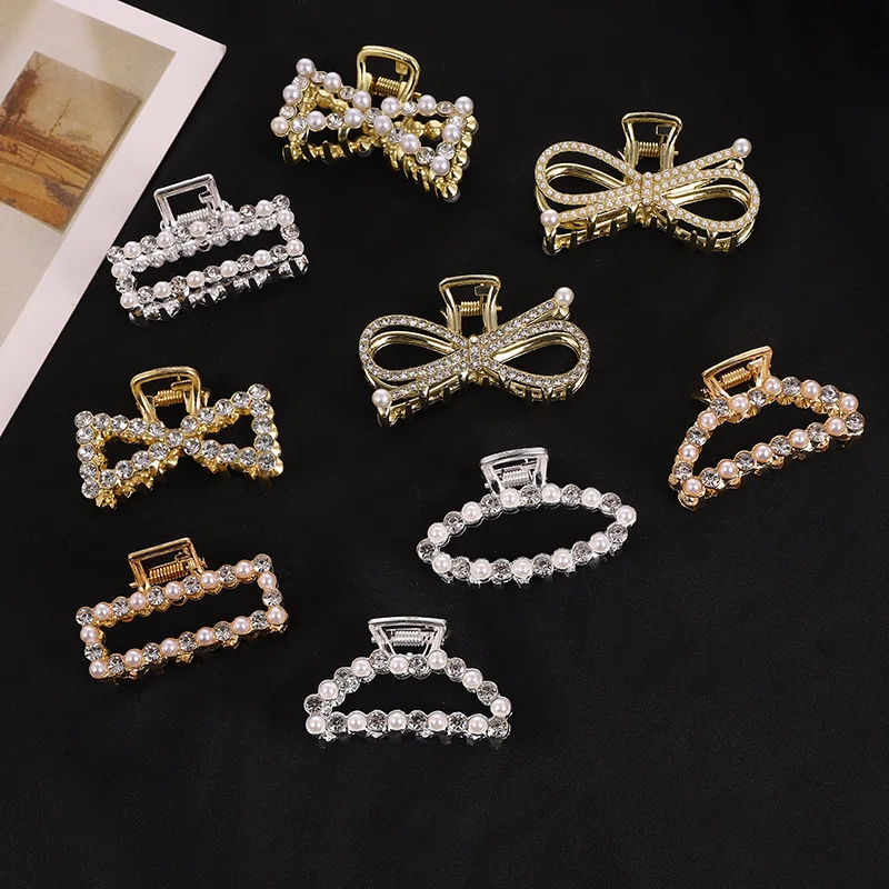 

MX OEM personalized vintage custom diamond pearl gold metal hair clips rectangle claws rhinestone crystal for women