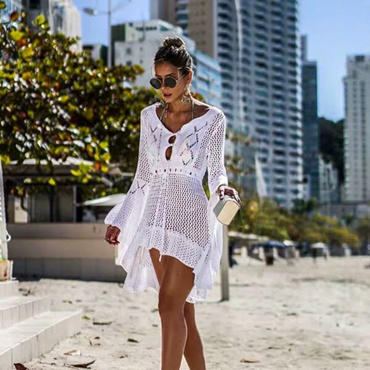 

wholesale custom fashion summer party long sleeve boho sexy cover up Bikini bathing suit knitted crochet swimsuit beach dress