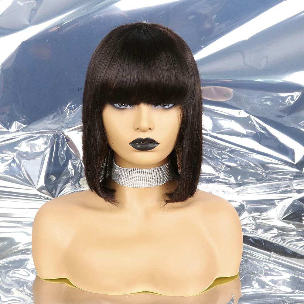 

Natual Color Bob Lace Wig With Bangs Brazilian Virgin Straight Bob Wig Lace Front Human Hair with Baby Hair For Pretty Girl