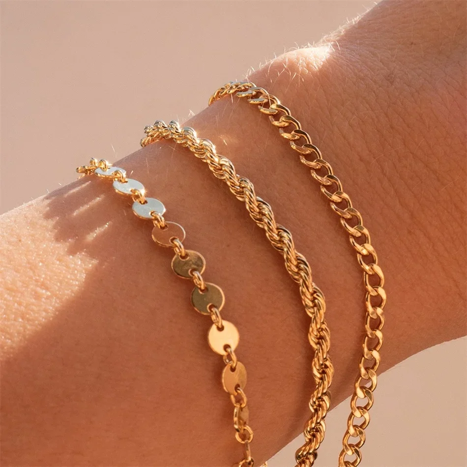 EManco Personalized Bar Bracelet 14K Gold Plated Chain Set Round Disc Chain Bracelets Stainless Steel Layered Jewelry Women