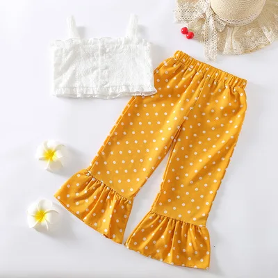 

F11327A Kids suit white halter short strapless blouse polka dot flared trousers 2 pieces suit, As picture