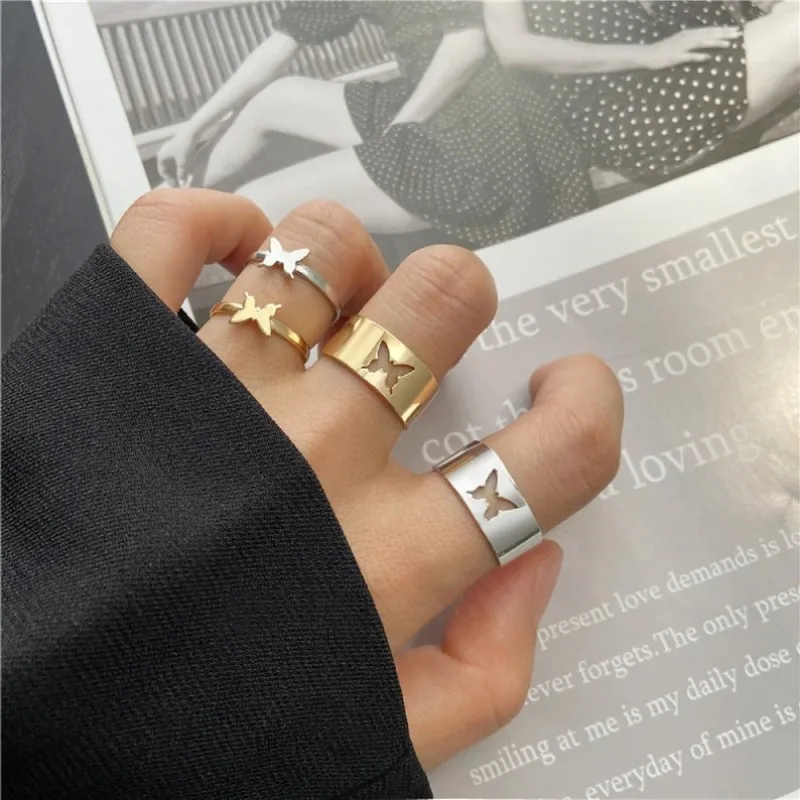 

KR10C Fashion Simple Hollow Out Full Gold Plated Dainty Simple Ring Stainless Steel Couple Butterfly Ring
