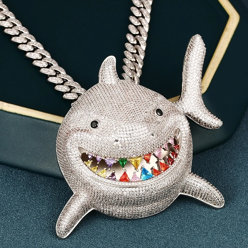 

Custom Large Shark Diamond Pendants Necklace Gold Plated Brass Full Zircon Iced Out Jewelry Hip Hop Pendant For Men Women, Gold or silver
