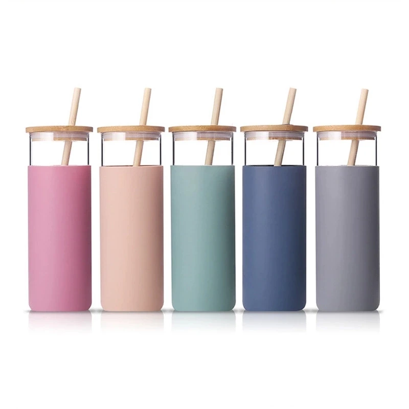 

[JT-GS480]Eco friendly 480ml bamboo lid and straw borosilicate glass water bottle with silicone sleeve, Customized color