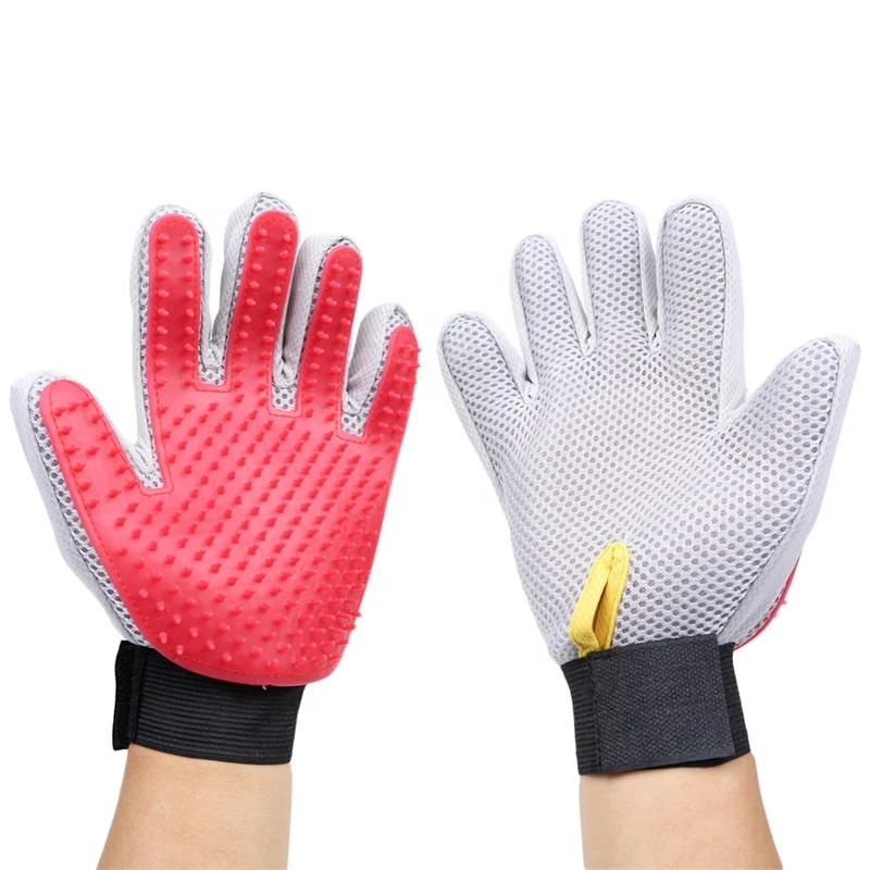 

For Pets Gentle Deshedding Brush Glove Enhanced Both Sides Silicon Pet Grooming Gloves Dog Hair Remover Knitting Glove, Red+white