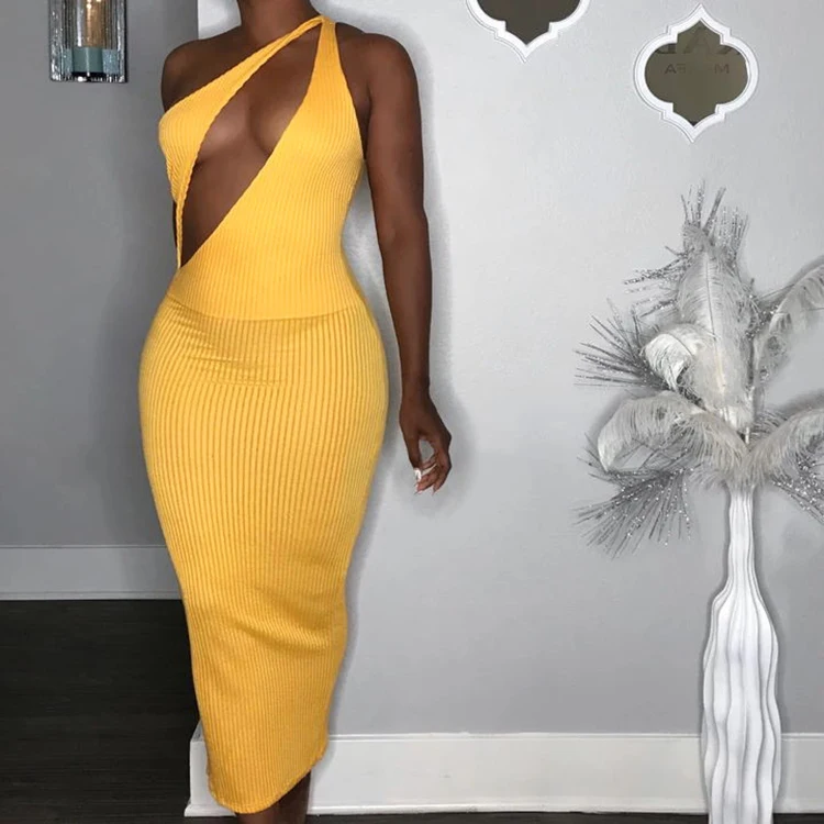 

Stripe Off Shoulder Hollow Out Bodycon Dress For Women, Black,yellow,orange