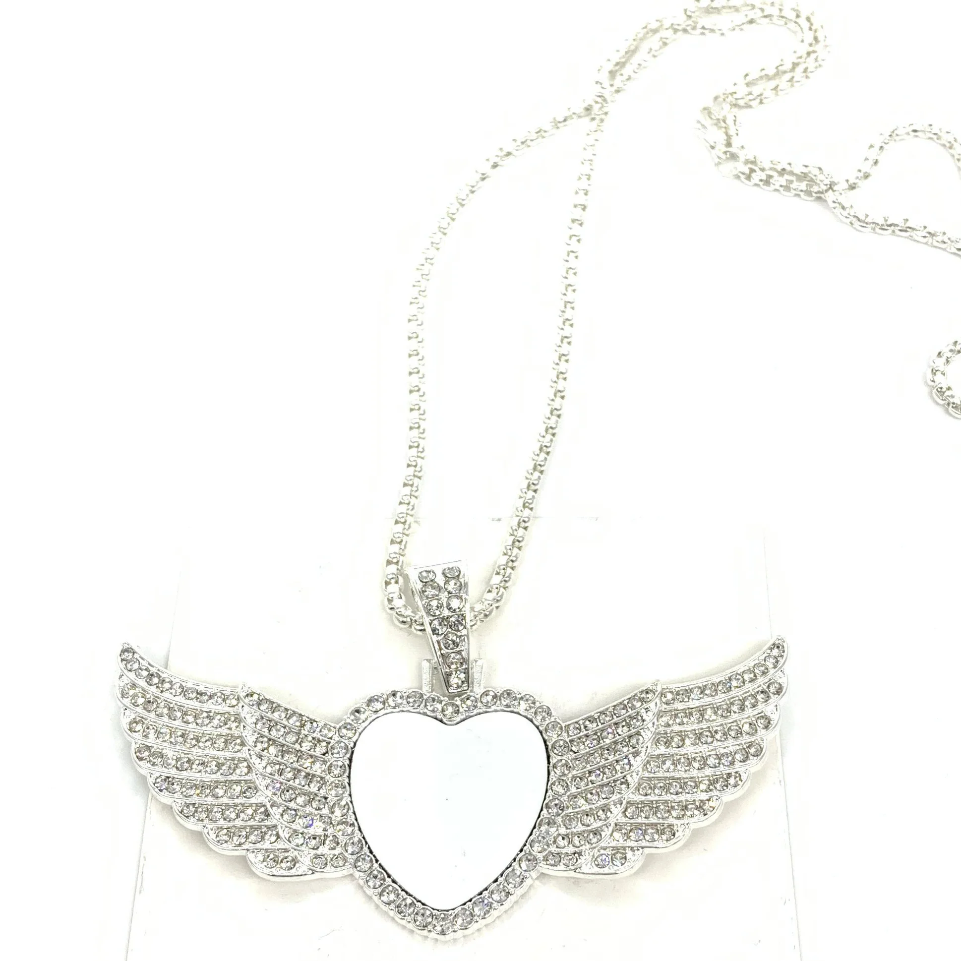 

Custom Valentine Gift Sublimation Blank Necklace Angel Wing Heart Pendants Bling Diamond Rope Chains