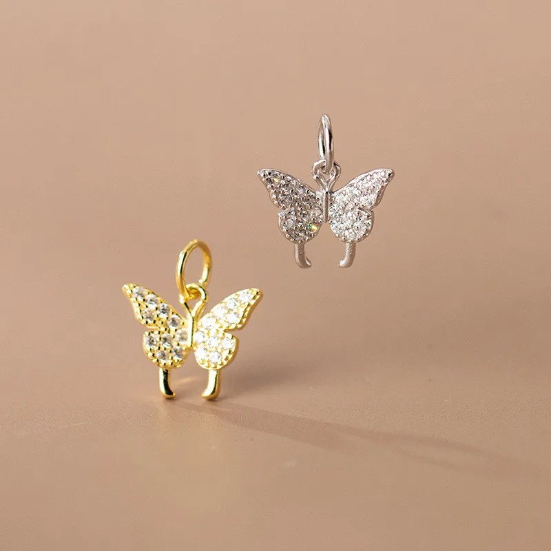 Hot Sales 925 Sterling Silver Gold Plated Zircon butterfly Charms Pendant for Necklace Jewelry Making