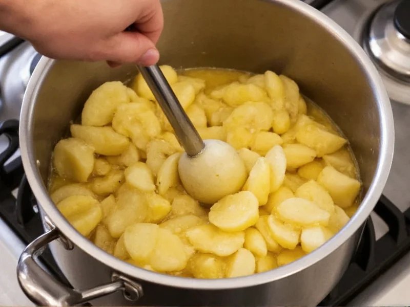 Mashing cooked apples with potato masher in pot