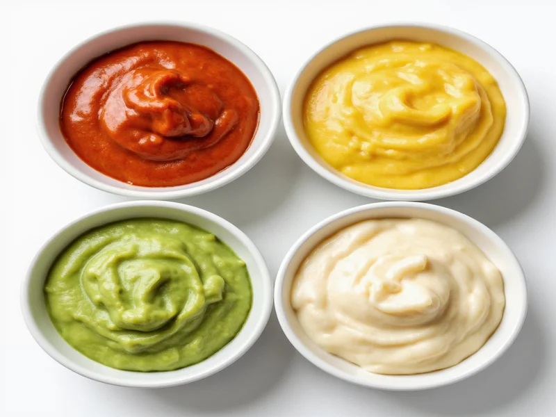Four small bowls showing different flavored homemade mayonnaise variations