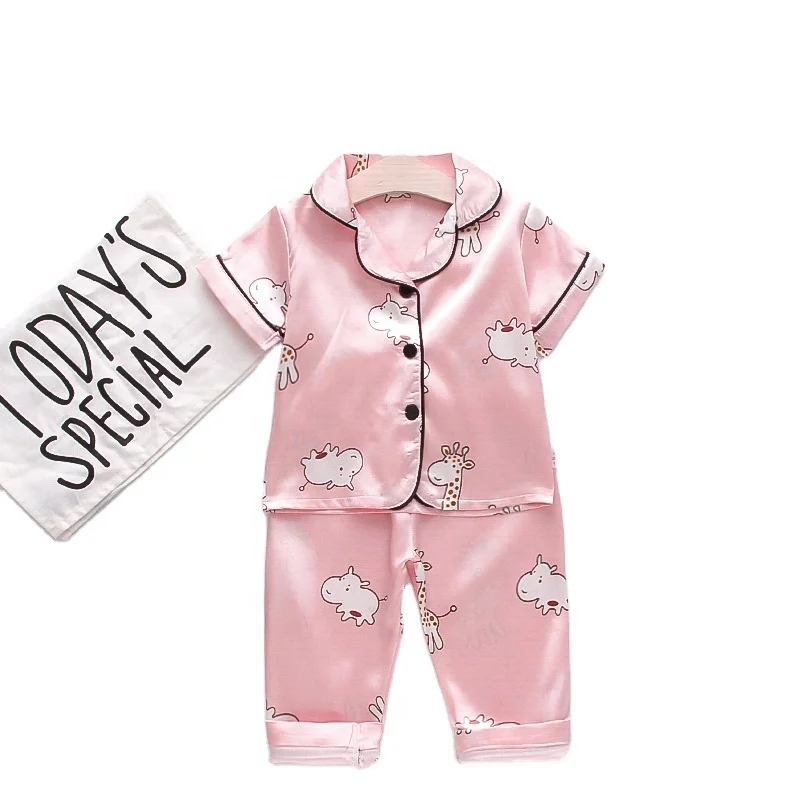 

Child clothes set boys girls sleep wear satin summer chinese 2pc night suit for kids2021 Flannel Boutique Girls Nightwear