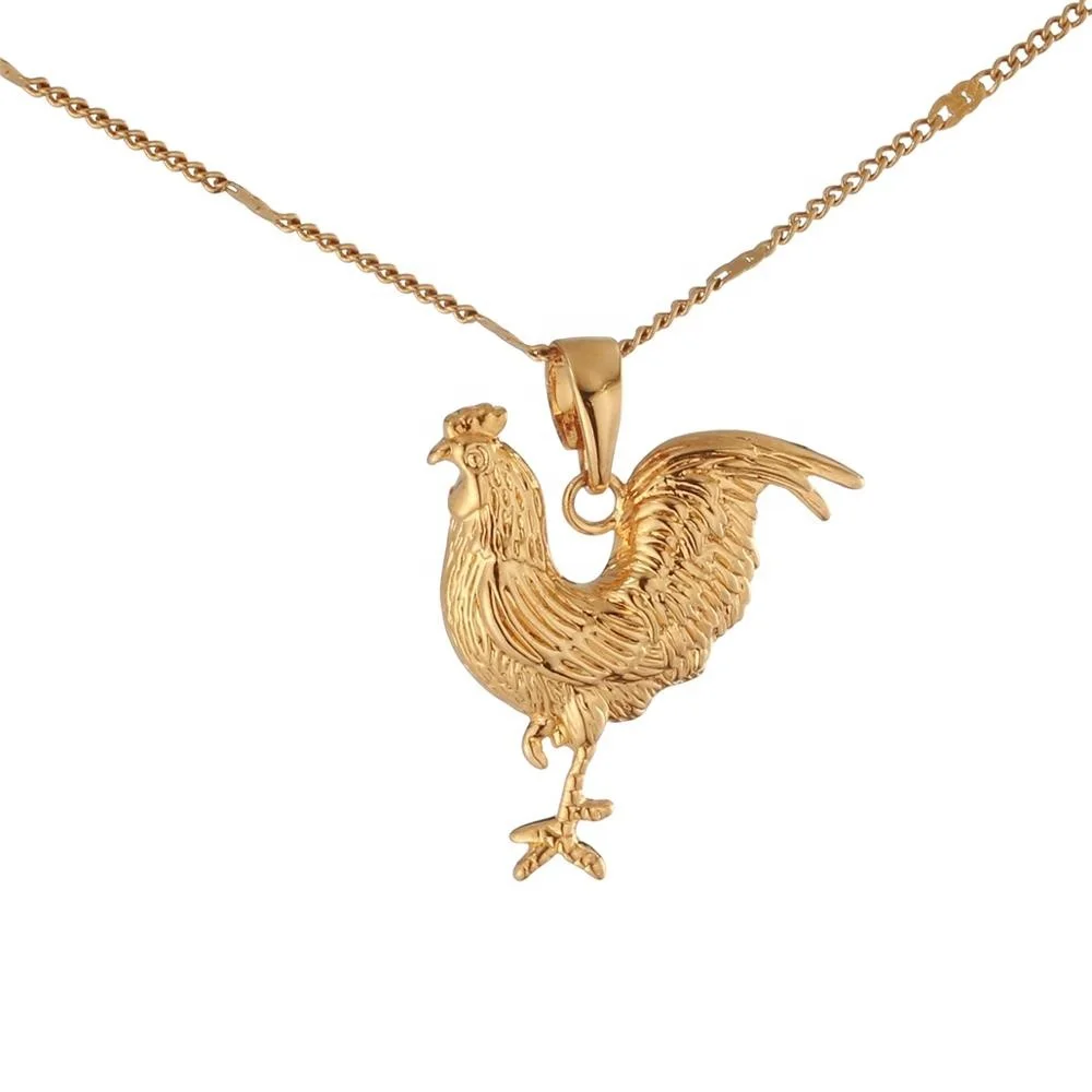 

24k Gold Plated Rooster Chicken Pendant Necklace Animal Chain Jewelry