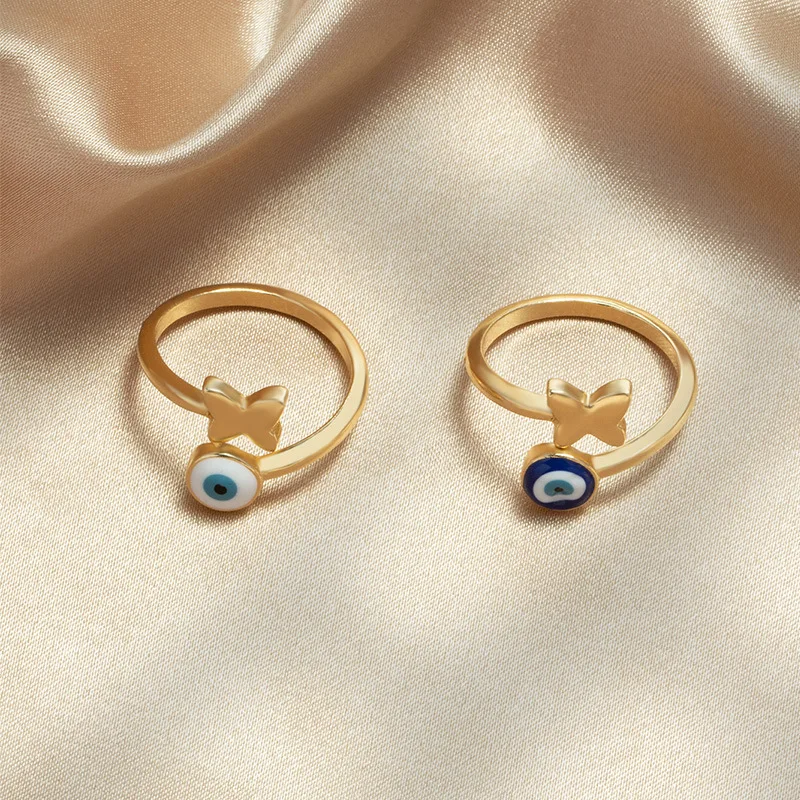 

Enamel Blue Eyes 18k Real Gold Plated Rings Open Adjustable Butterfly Evil Eyes Metal Rings, Gold color