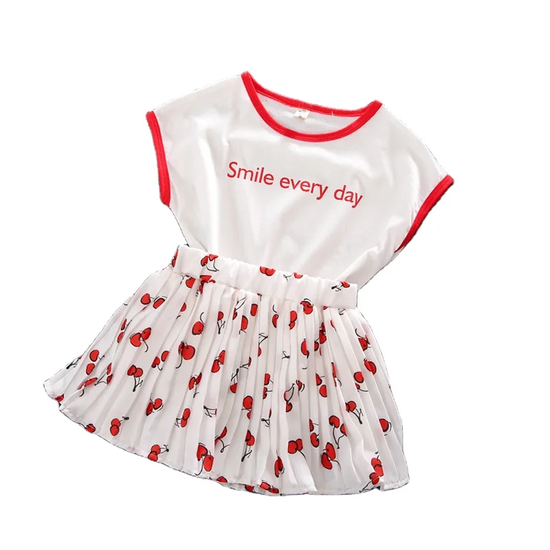 

Wholesale summer new short-sleeved t-shirt cute cherry pleated skirt two-piece kids children girls suit clothing