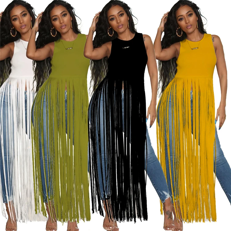 

New Design 2019 Womens sleeveless solid color tassel long maxi dresses