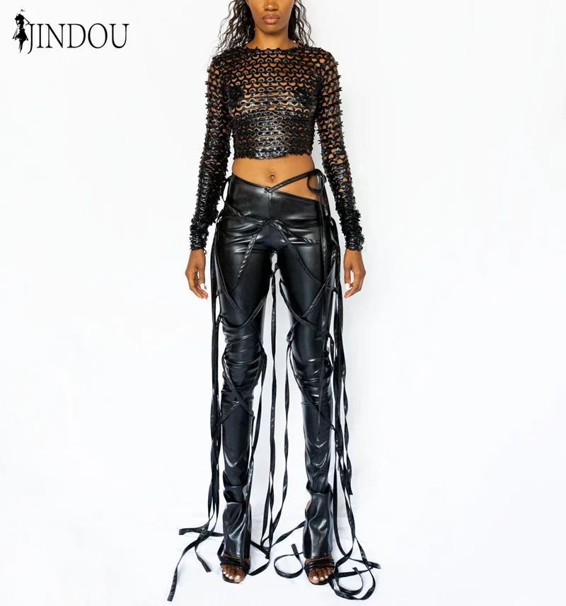 

Personalized trousers with slant waist PU leather trousers casual lace up women pants, Picture