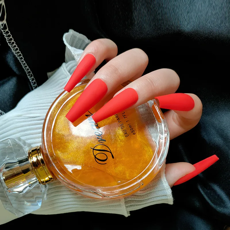 

Wholesale Coffin Fake Nails Matte Pure Red Flat Press on False Nail Tips