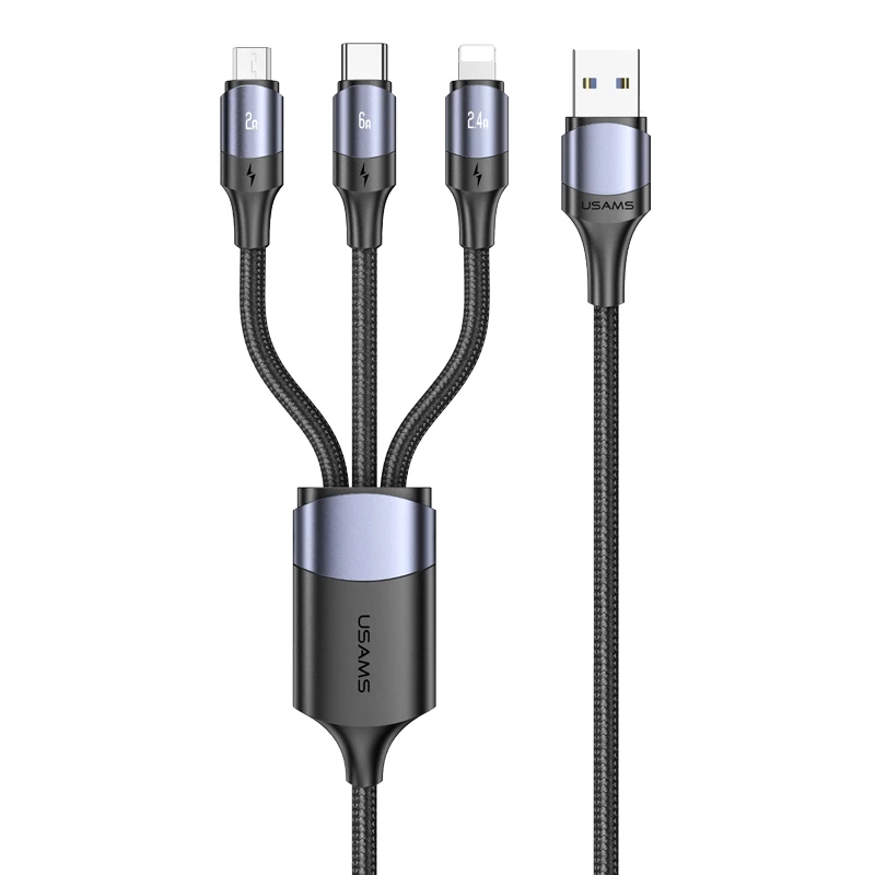 

USAMS 2021 New SJ510 3IN1 Aluminum Alloy Fast Charging & Data Cable 6A 1.2m 3in1 Multi USB type-C Lighting Data Charger Cable, Black
